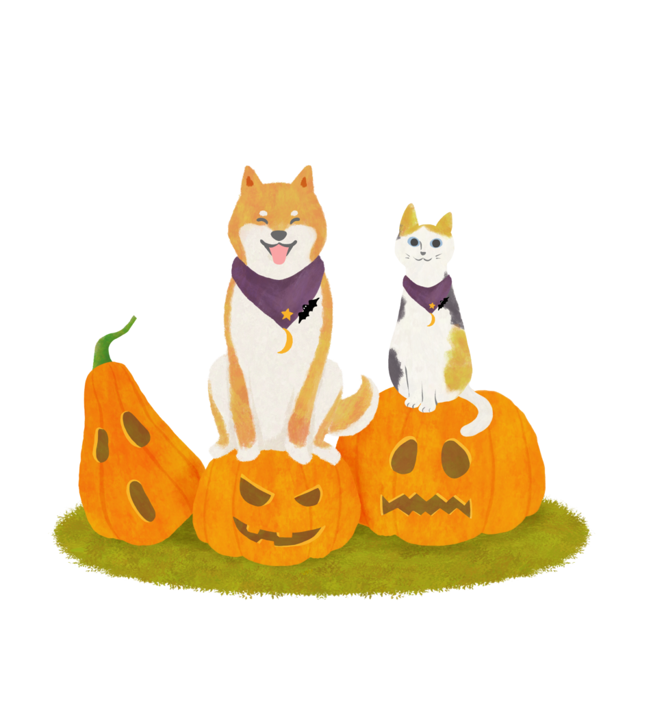 ハロウィンかぼちゃと柴犬と三毛猫のイラスト